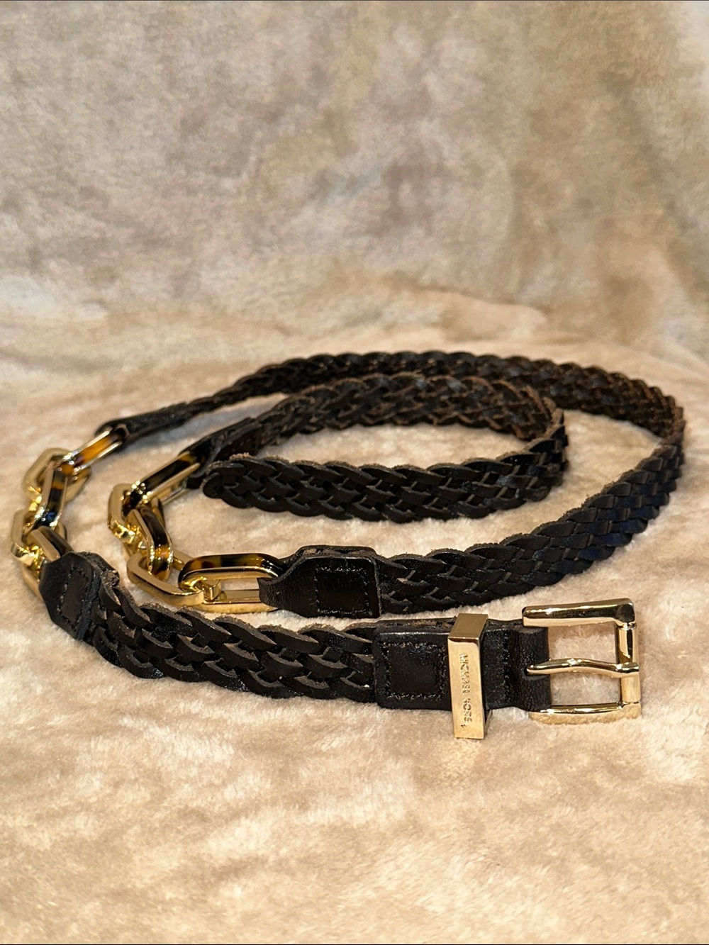 Michael Kors Black Braided Leather Belt with Gold Buckle & Tortoise Chain Links